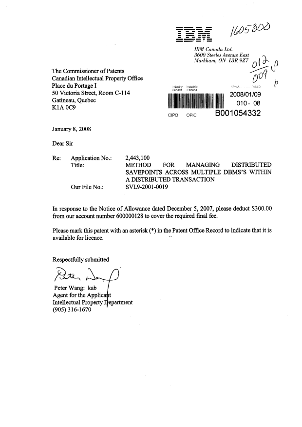 Document de brevet canadien 2443100. Correspondance 20071209. Image 1 de 1