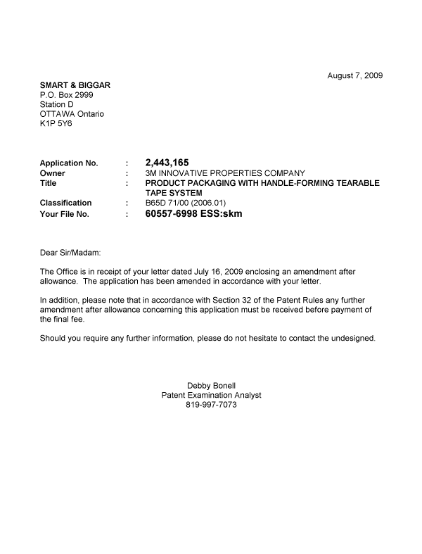 Canadian Patent Document 2443165. Prosecution-Amendment 20090807. Image 1 of 1