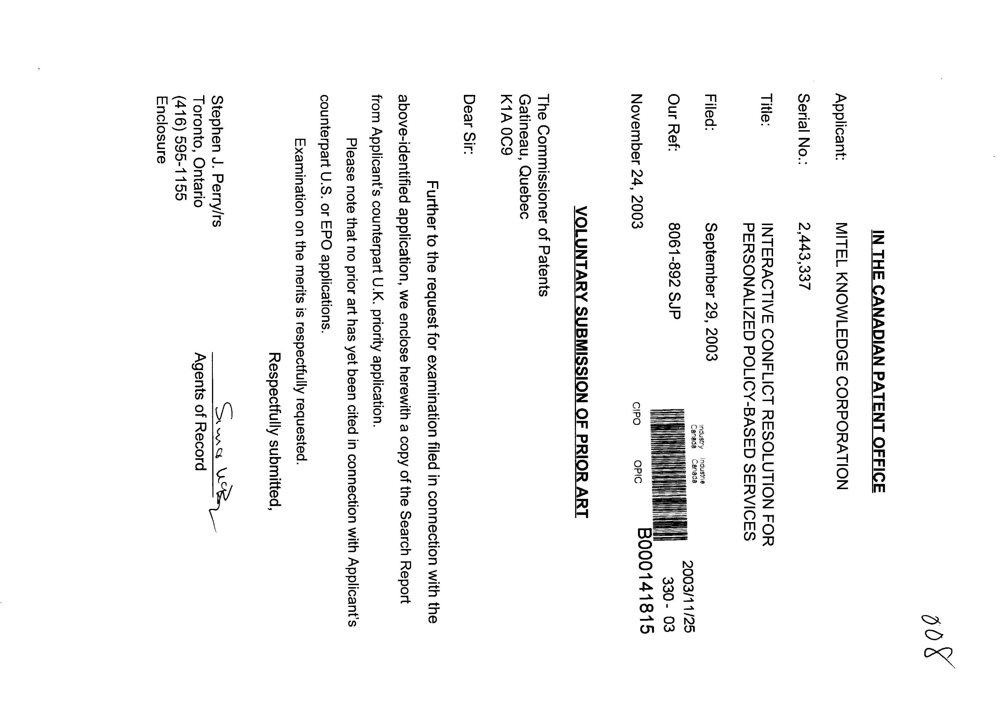 Canadian Patent Document 2443337. Prosecution-Amendment 20021225. Image 1 of 1