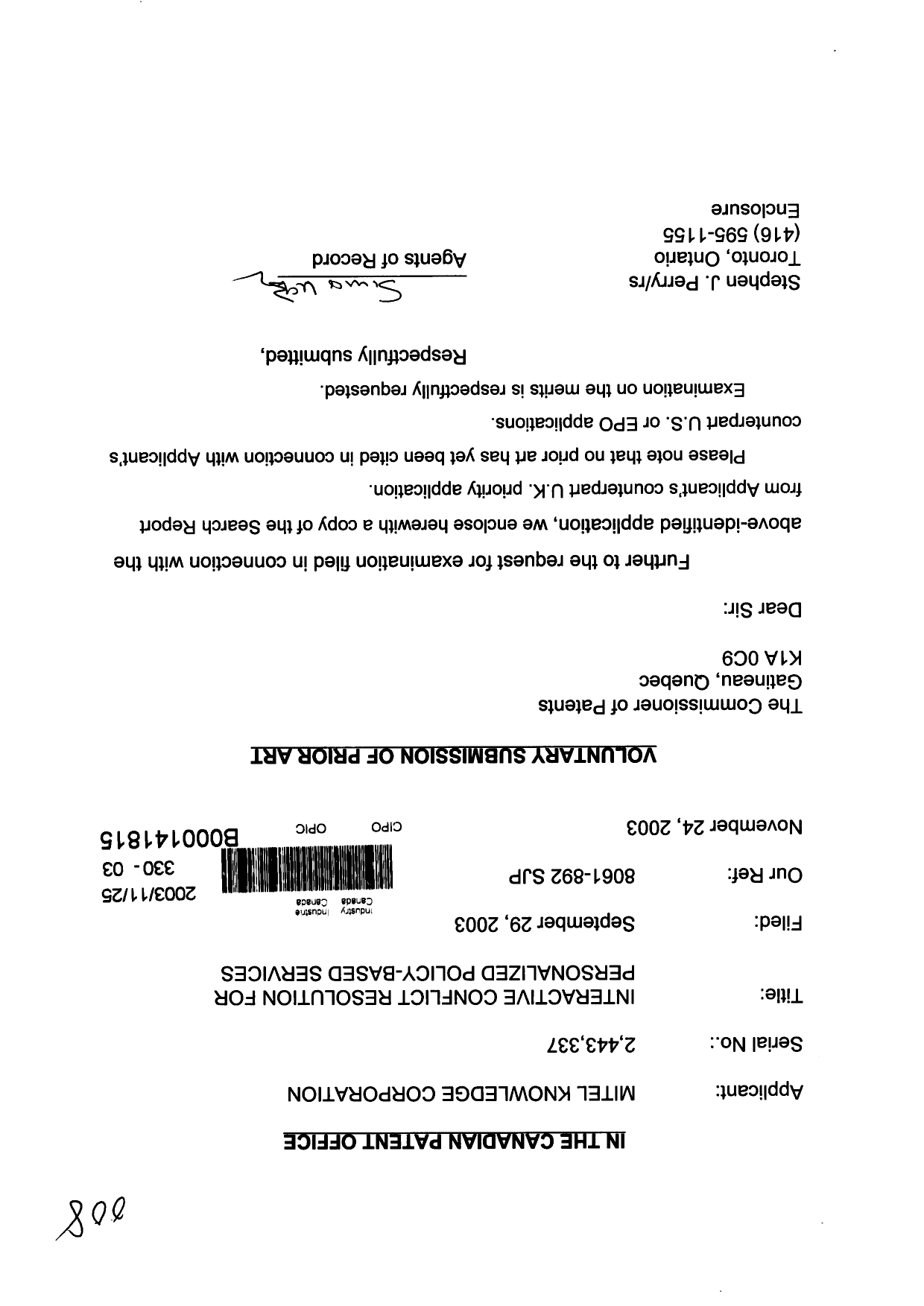 Canadian Patent Document 2443337. Prosecution-Amendment 20021225. Image 1 of 1