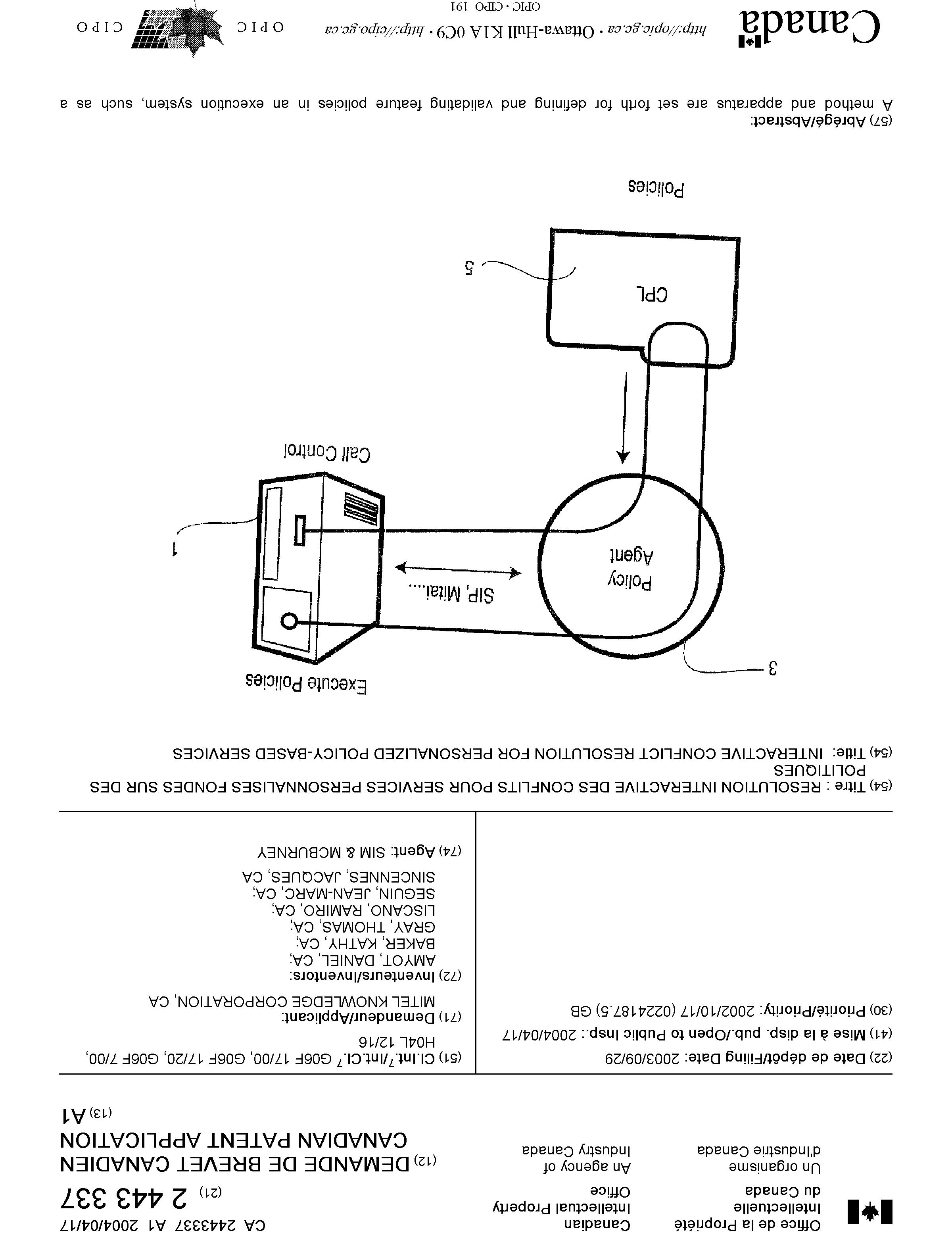 Canadian Patent Document 2443337. Cover Page 20031222. Image 1 of 2