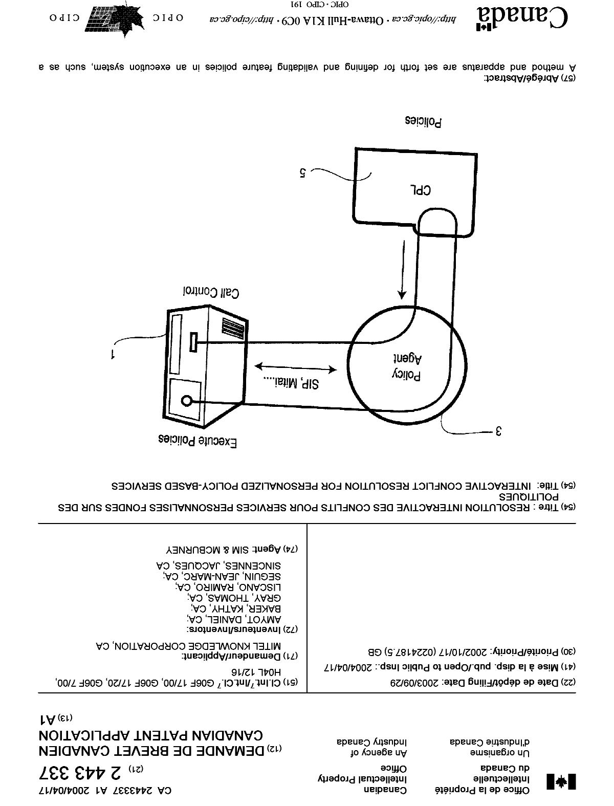 Canadian Patent Document 2443337. Cover Page 20031222. Image 1 of 2