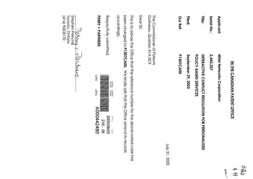 Document de brevet canadien 2443337. Correspondance 20041203. Image 1 de 1