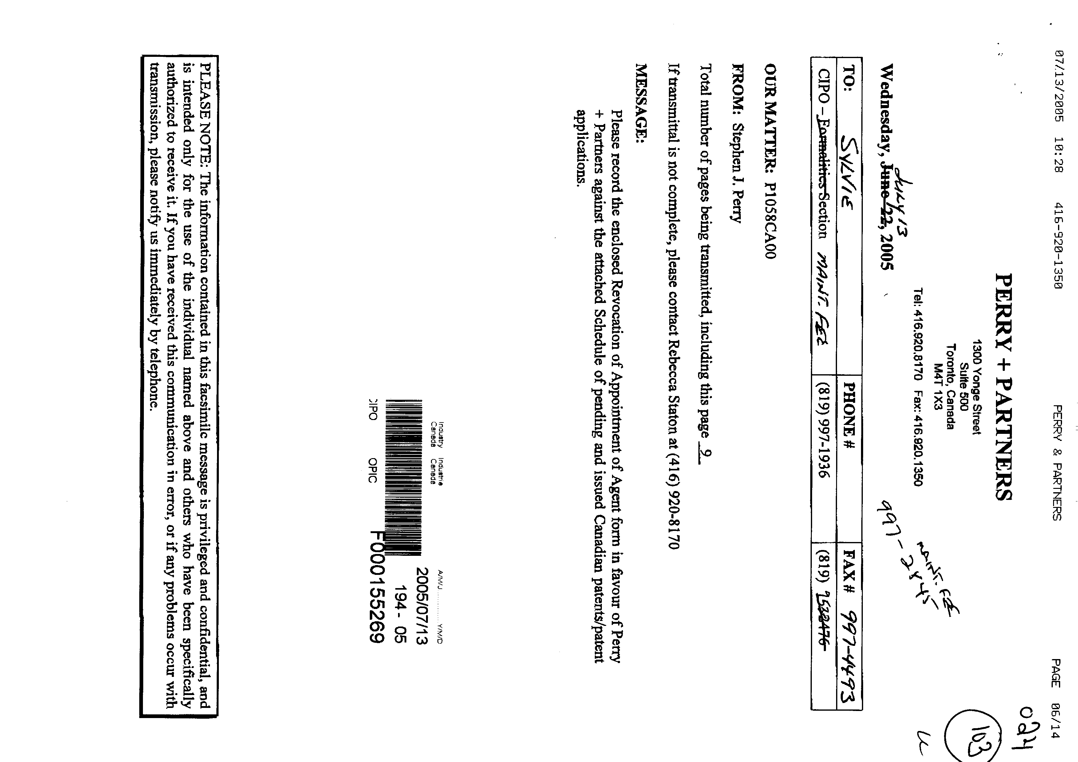 Canadian Patent Document 2443337. Correspondence 20041213. Image 1 of 9