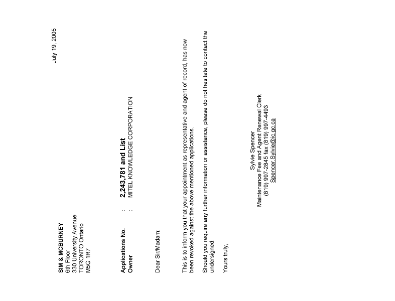 Document de brevet canadien 2443337. Correspondance 20041219. Image 1 de 1