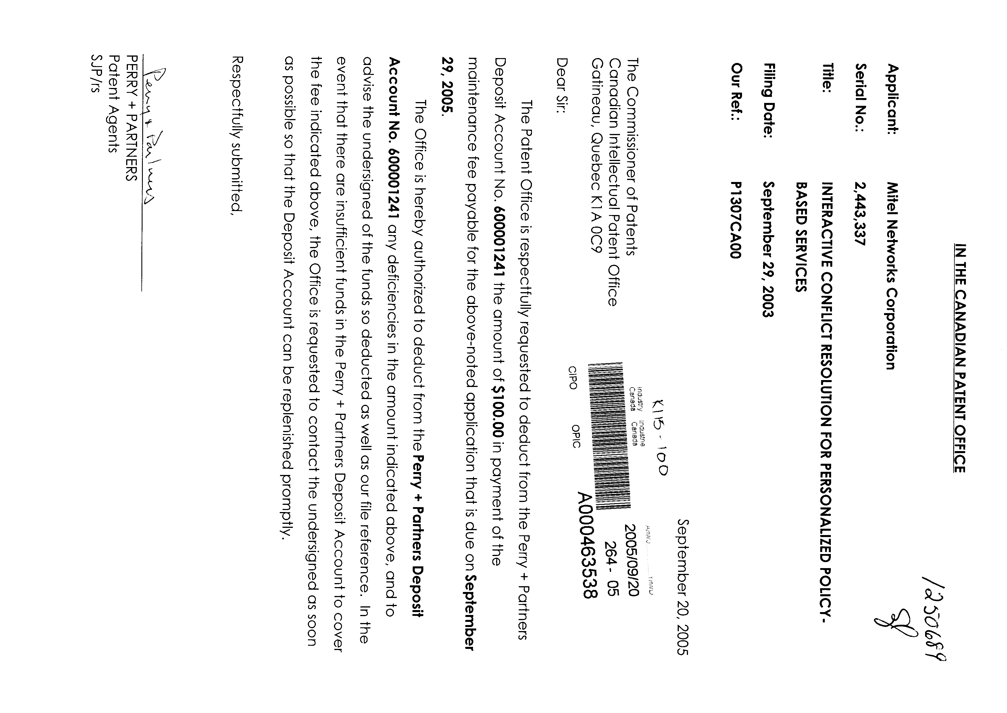 Canadian Patent Document 2443337. Fees 20041220. Image 1 of 1
