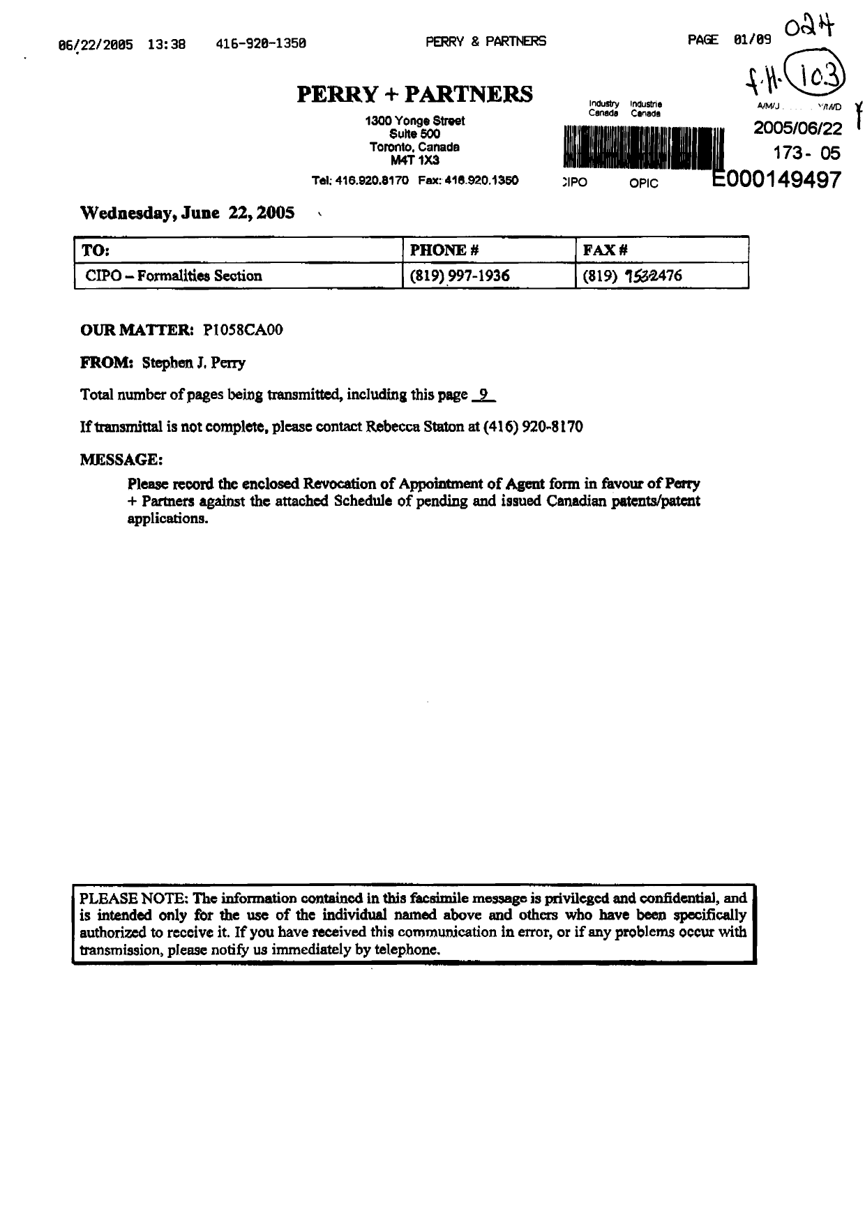Canadian Patent Document 2443337. Correspondence 20041222. Image 1 of 9