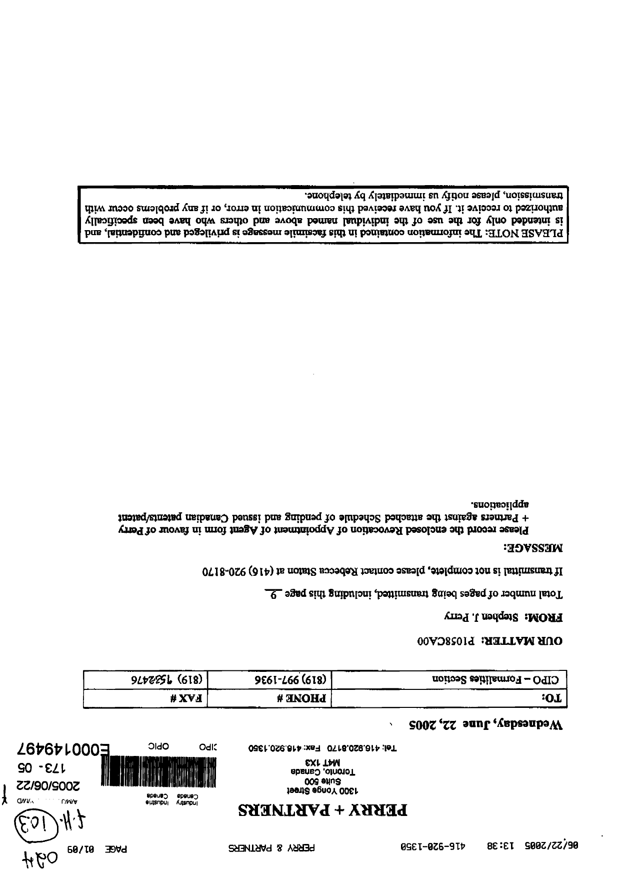 Canadian Patent Document 2443337. Correspondence 20041222. Image 1 of 9