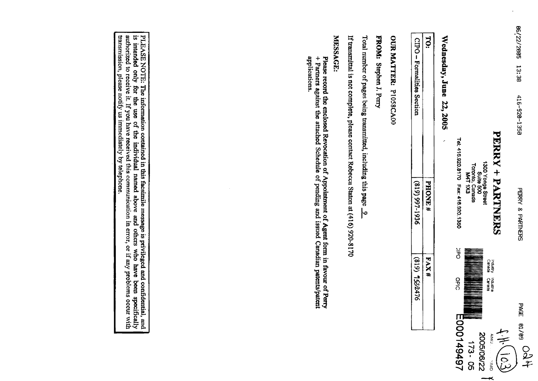 Document de brevet canadien 2443337. Correspondance 20041222. Image 1 de 9