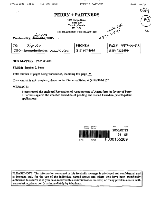 Document de brevet canadien 2443337. Correspondance 20050713. Image 1 de 9
