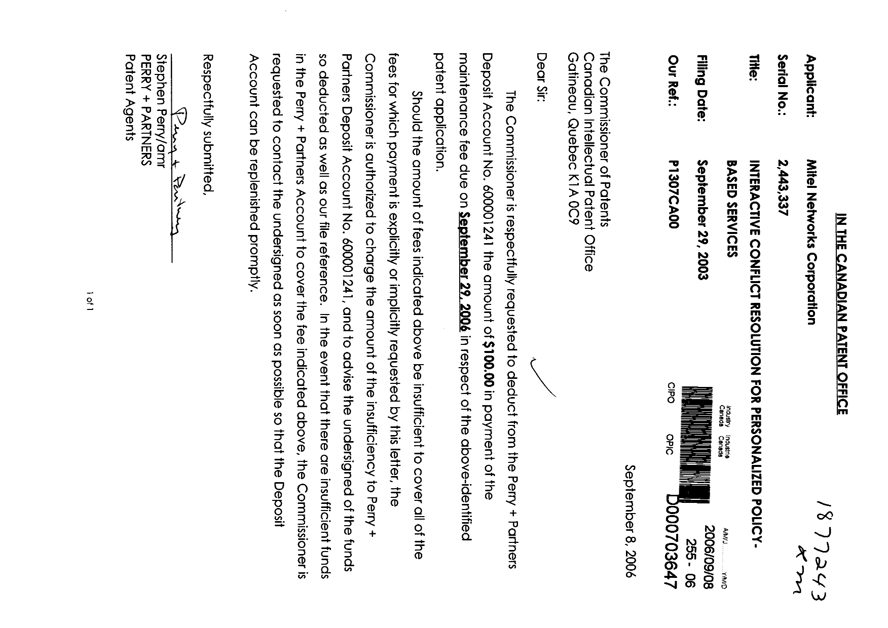 Document de brevet canadien 2443337. Taxes 20051208. Image 1 de 1