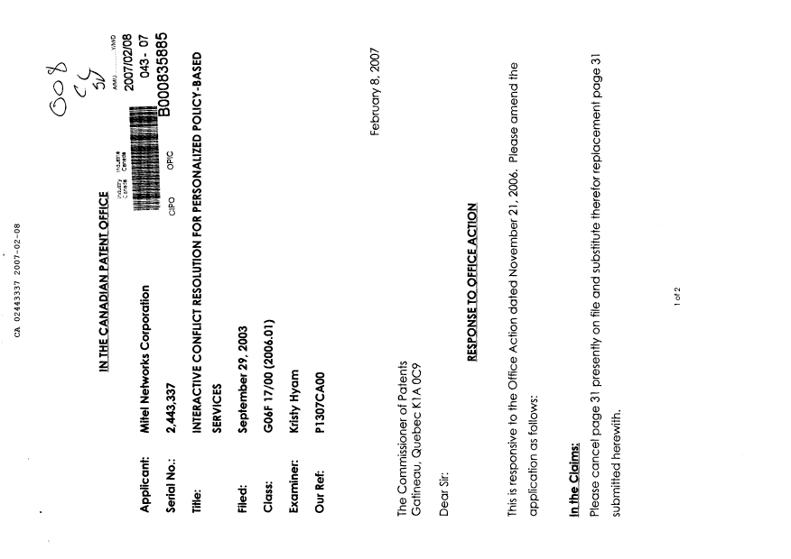Canadian Patent Document 2443337. Prosecution-Amendment 20061208. Image 1 of 3