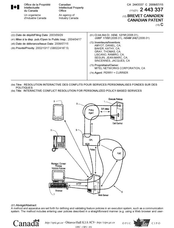 Document de brevet canadien 2443337. Page couverture 20071217. Image 1 de 2