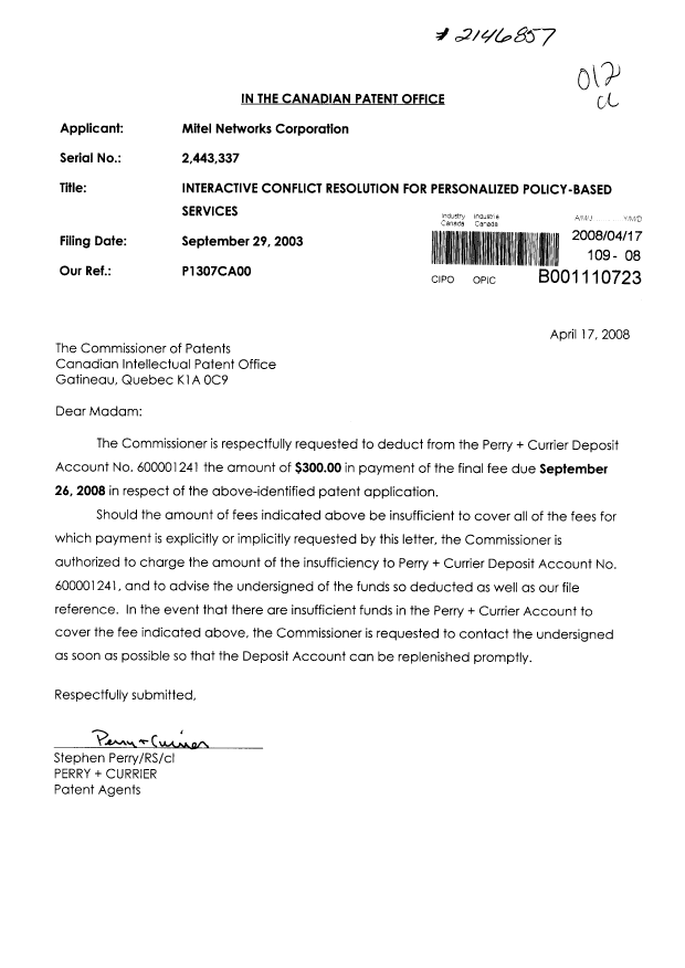Document de brevet canadien 2443337. Correspondance 20071217. Image 1 de 1