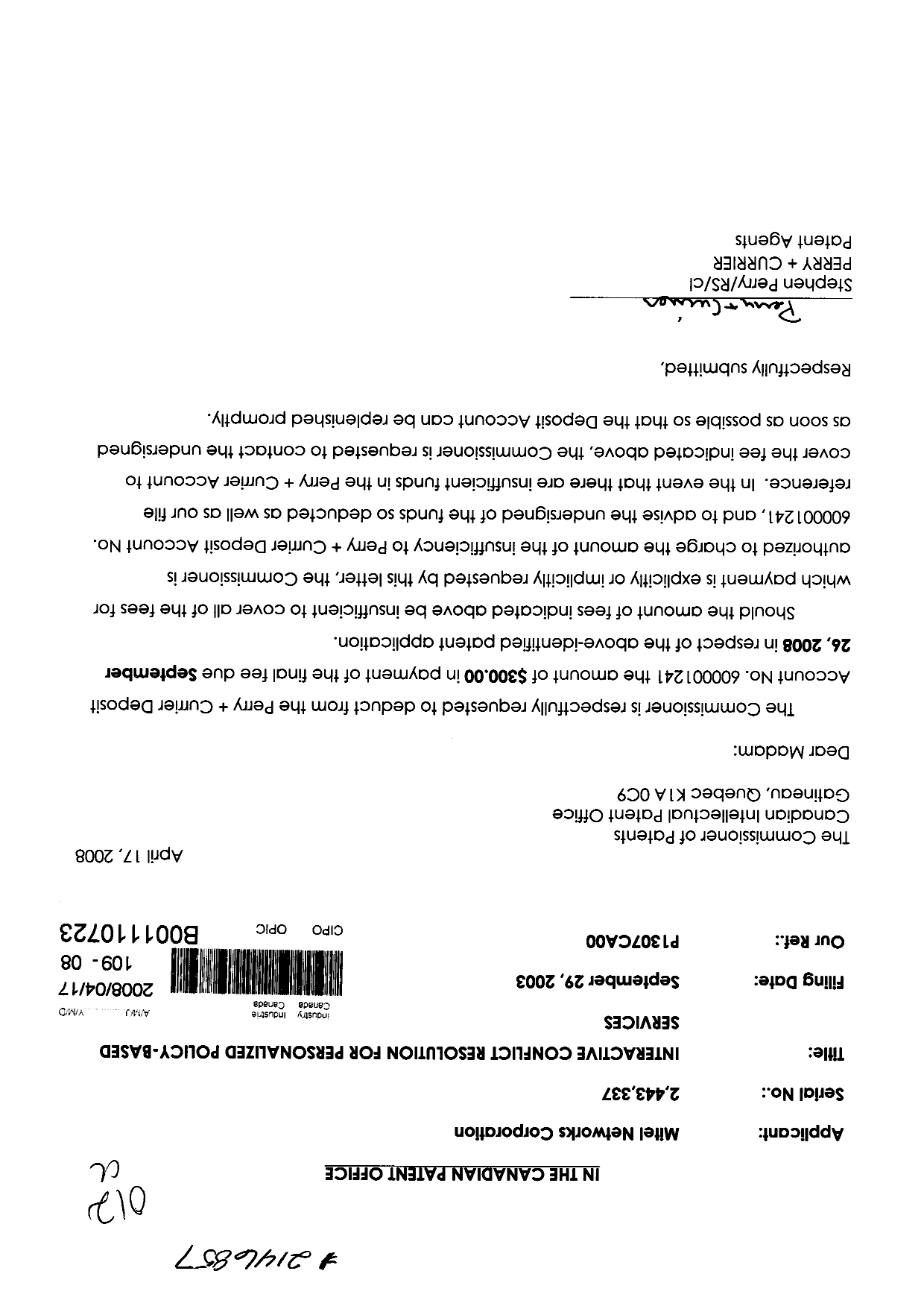 Document de brevet canadien 2443337. Correspondance 20071217. Image 1 de 1