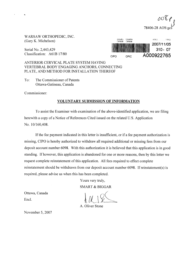 Canadian Patent Document 2443429. Prosecution-Amendment 20061205. Image 1 of 1