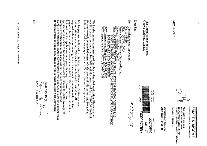 Canadian Patent Document 2443429. Prosecution-Amendment 20061210. Image 1 of 1