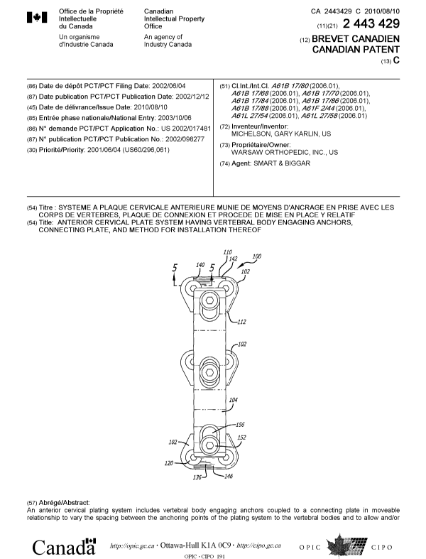 Canadian Patent Document 2443429. Cover Page 20091219. Image 1 of 2