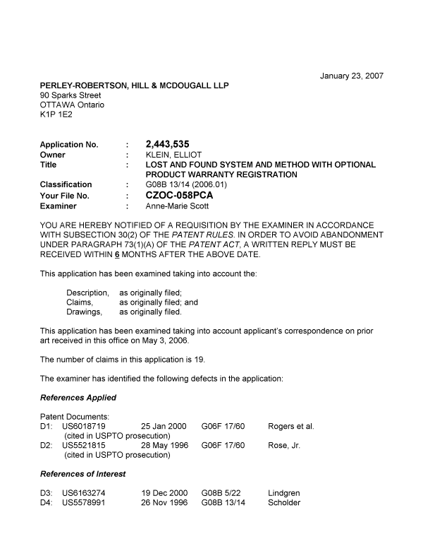 Canadian Patent Document 2443535. Prosecution-Amendment 20070123. Image 1 of 4