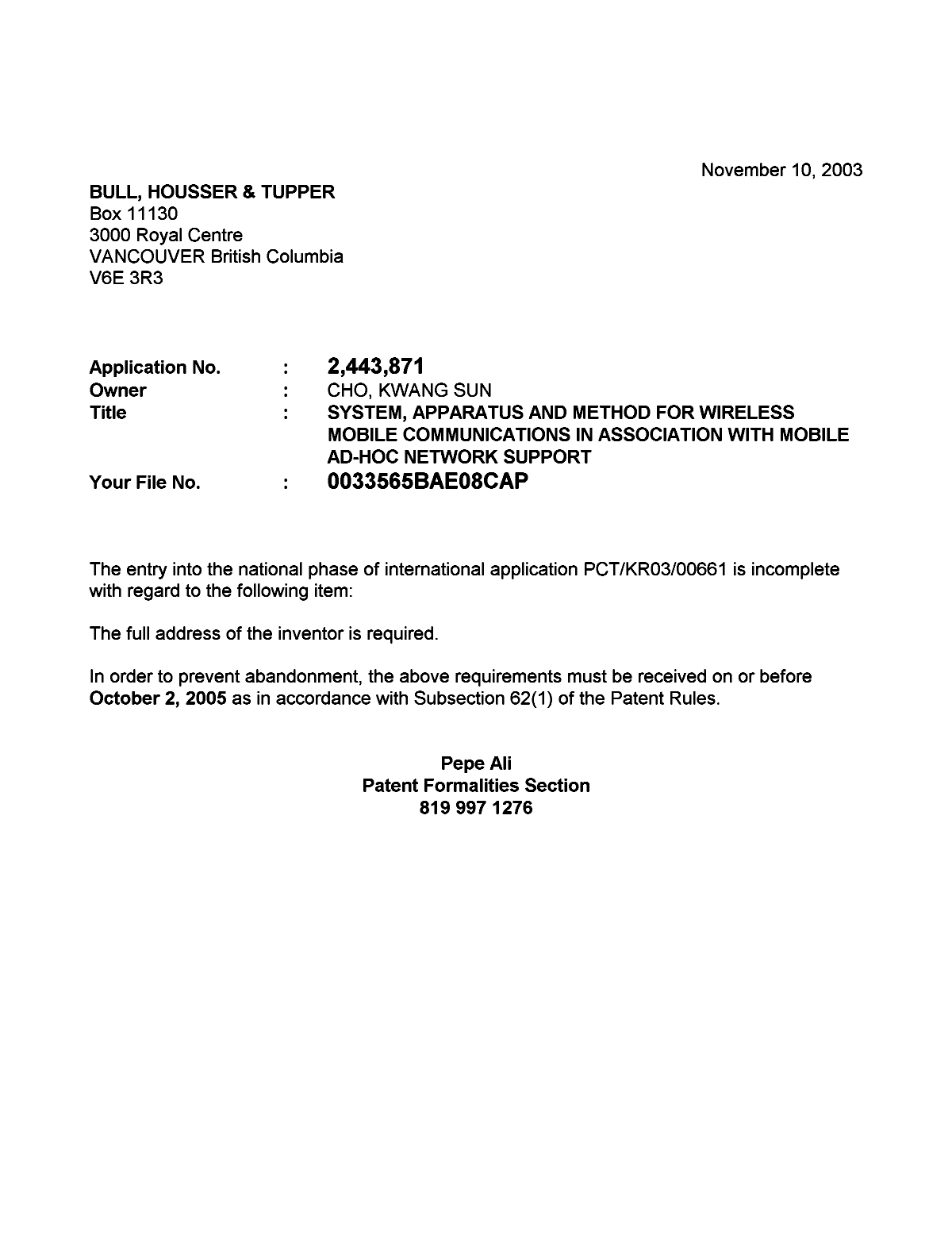 Canadian Patent Document 2443871. Correspondence 20031107. Image 1 of 1