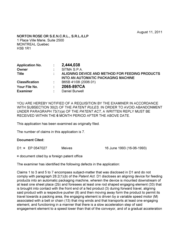Canadian Patent Document 2444038. Prosecution-Amendment 20110811. Image 1 of 2