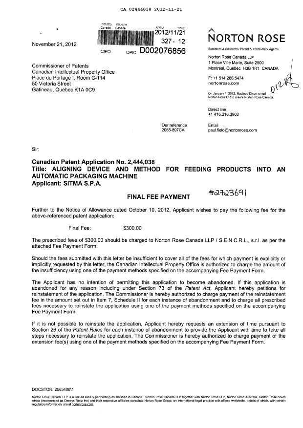 Document de brevet canadien 2444038. Correspondance 20121121. Image 1 de 2