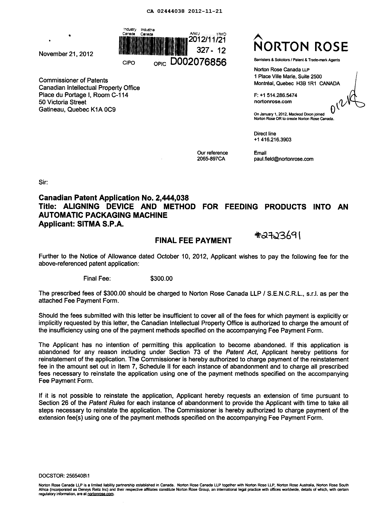 Canadian Patent Document 2444038. Correspondence 20121121. Image 1 of 2