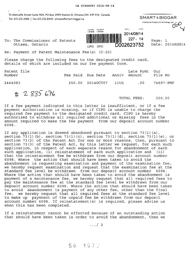 Canadian Patent Document 2444083. Fees 20140814. Image 1 of 2