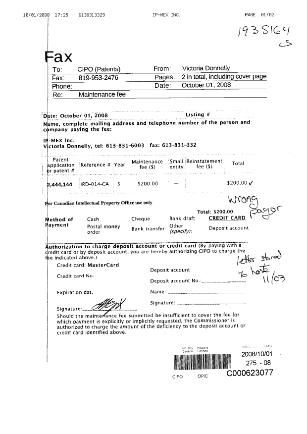 Canadian Patent Document 2444144. Fees 20081001. Image 1 of 2