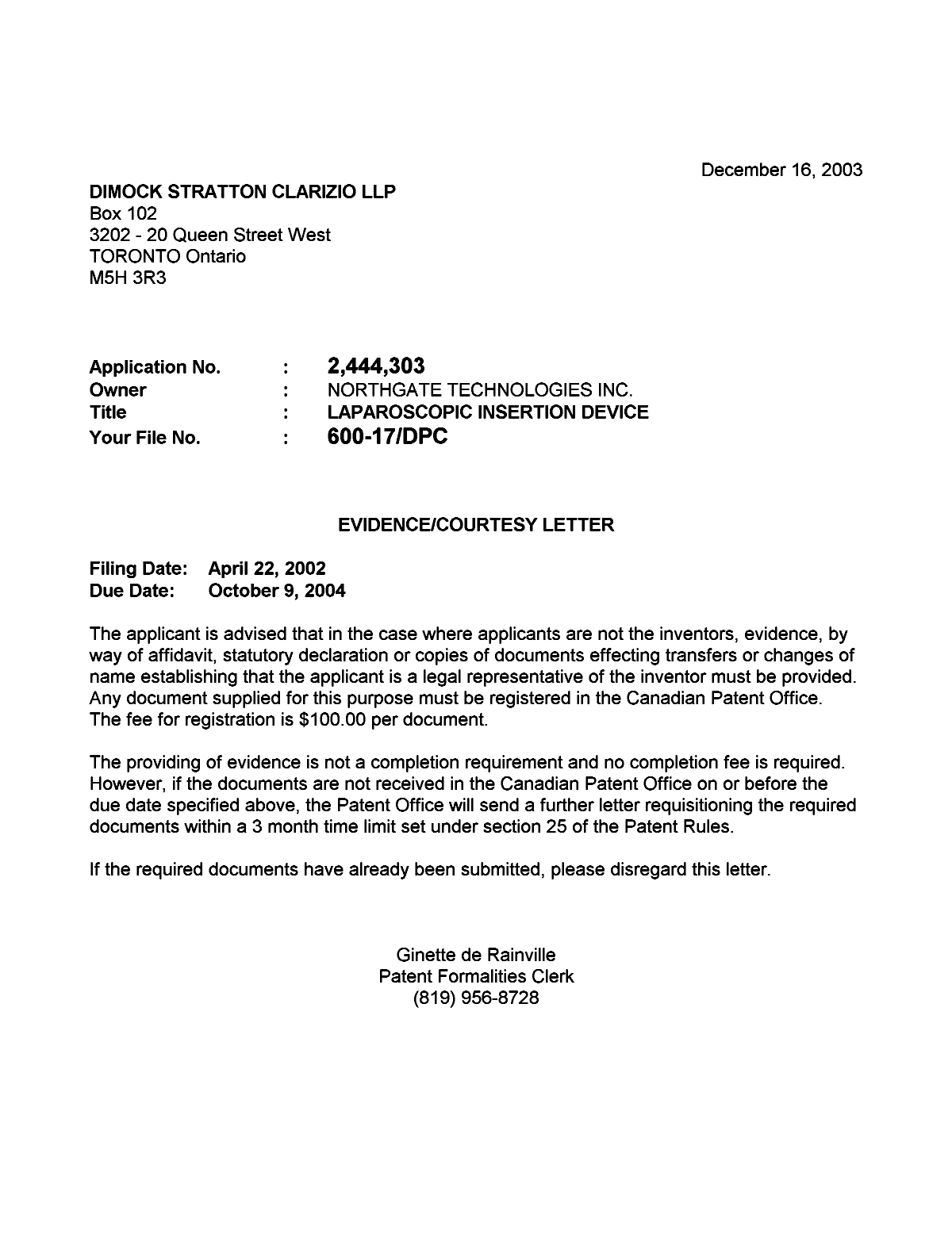 Document de brevet canadien 2444303. Correspondance 20021212. Image 1 de 1