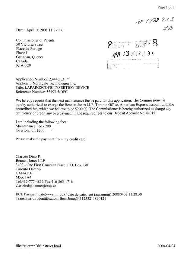 Canadian Patent Document 2444303. Fees 20071203. Image 1 of 1