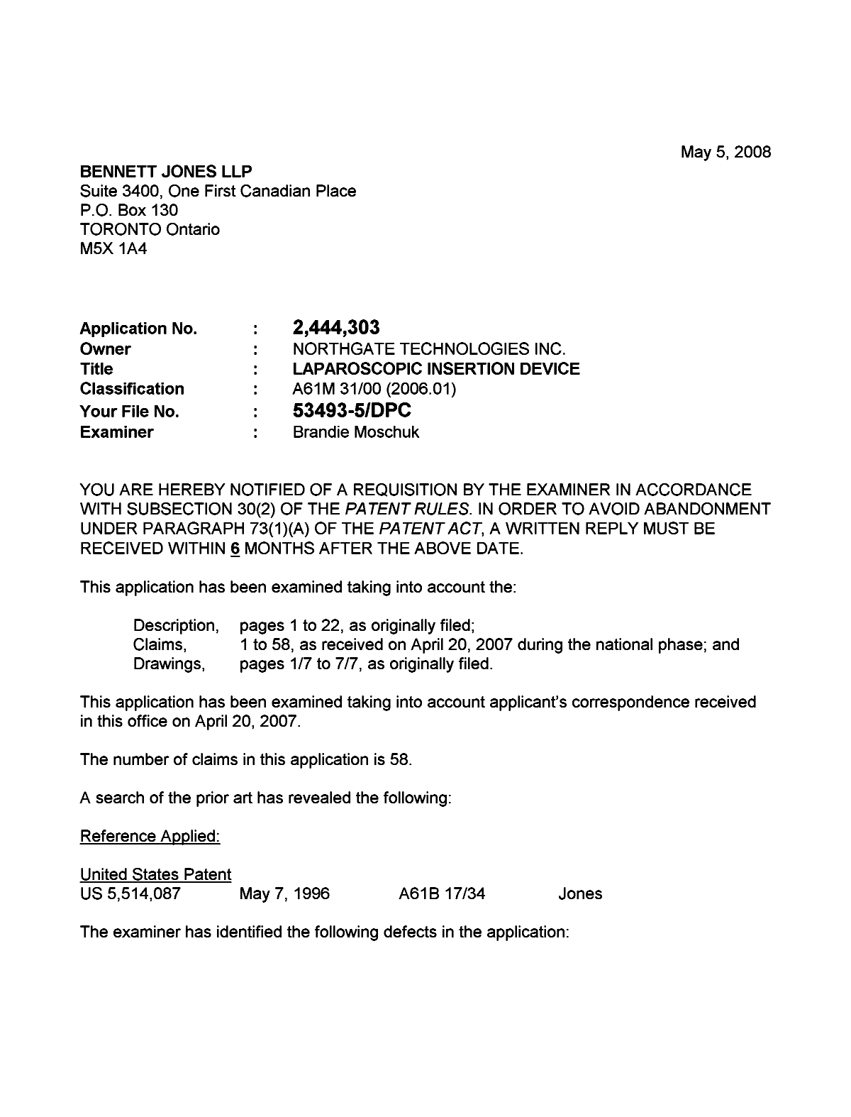 Document de brevet canadien 2444303. Poursuite-Amendment 20071205. Image 1 de 3