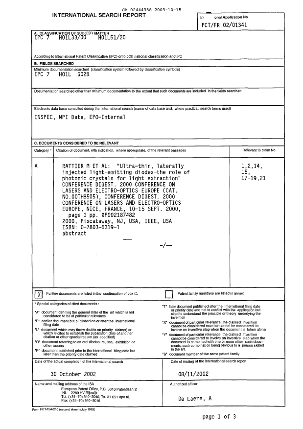 Document de brevet canadien 2444338. PCT 20031015. Image 1 de 6