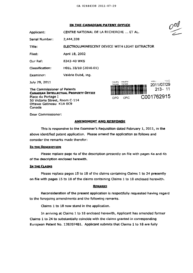 Document de brevet canadien 2444338. Poursuite-Amendment 20110729. Image 1 de 12