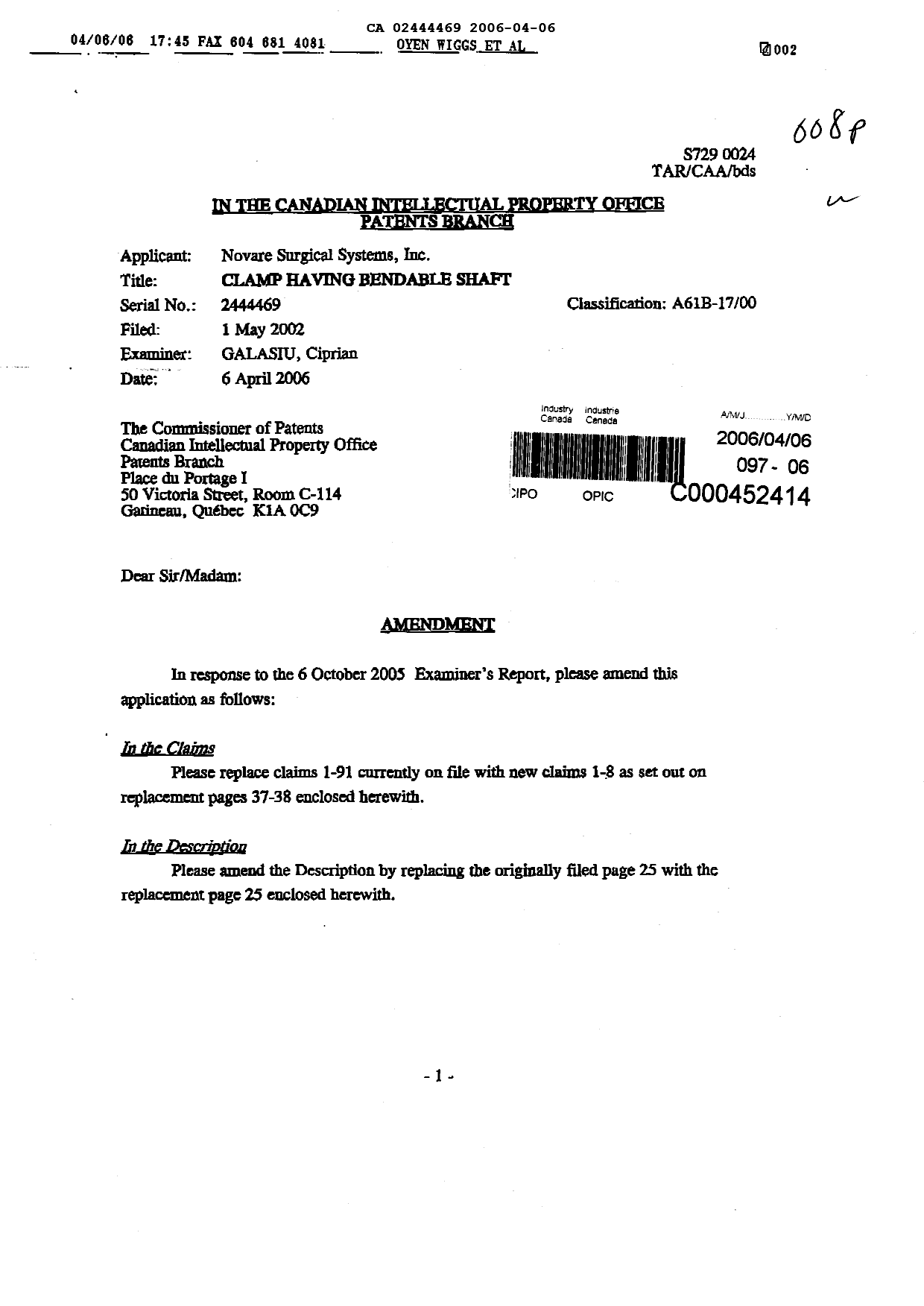 Canadian Patent Document 2444469. Prosecution-Amendment 20051206. Image 1 of 8