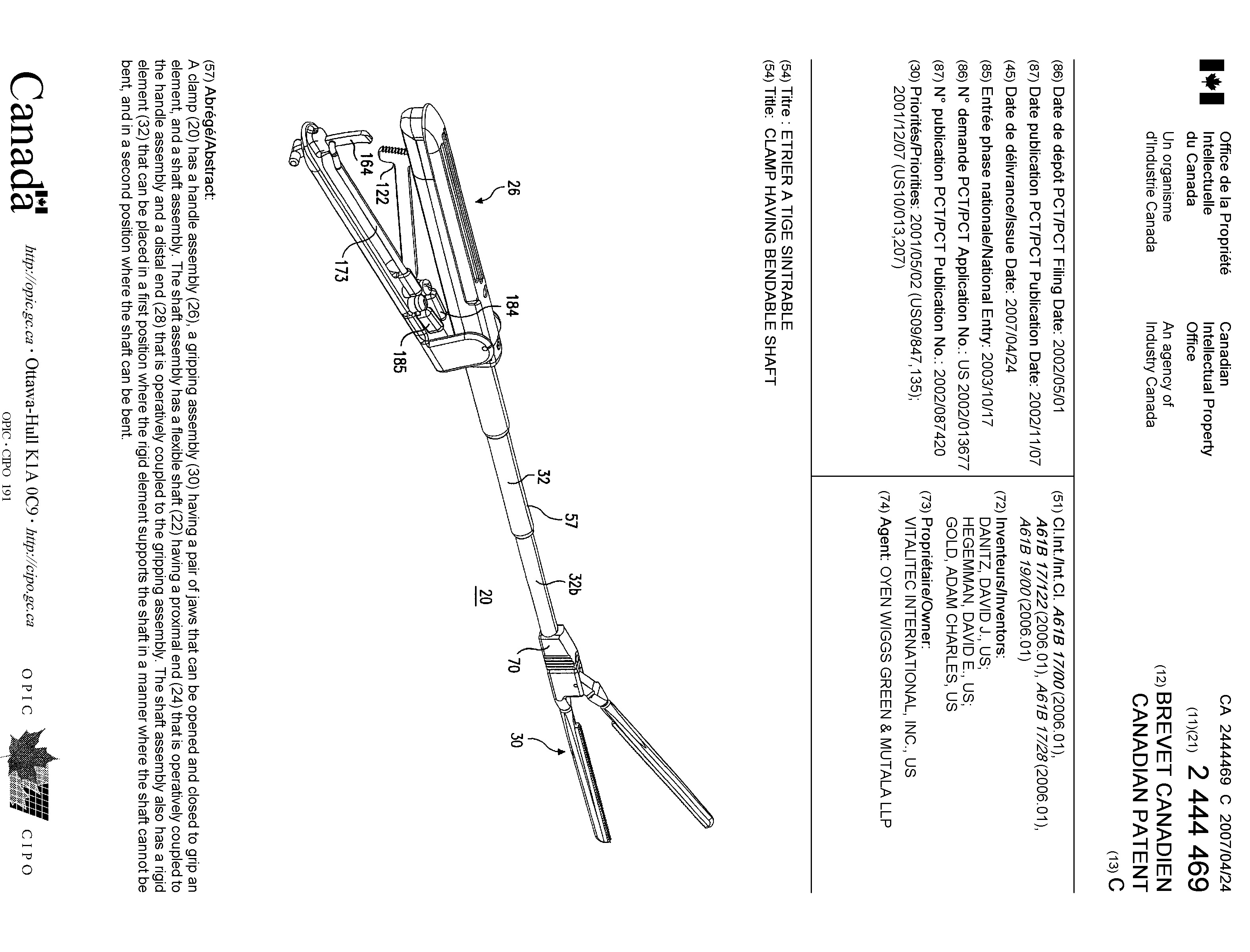 Canadian Patent Document 2444469. Cover Page 20061210. Image 1 of 1
