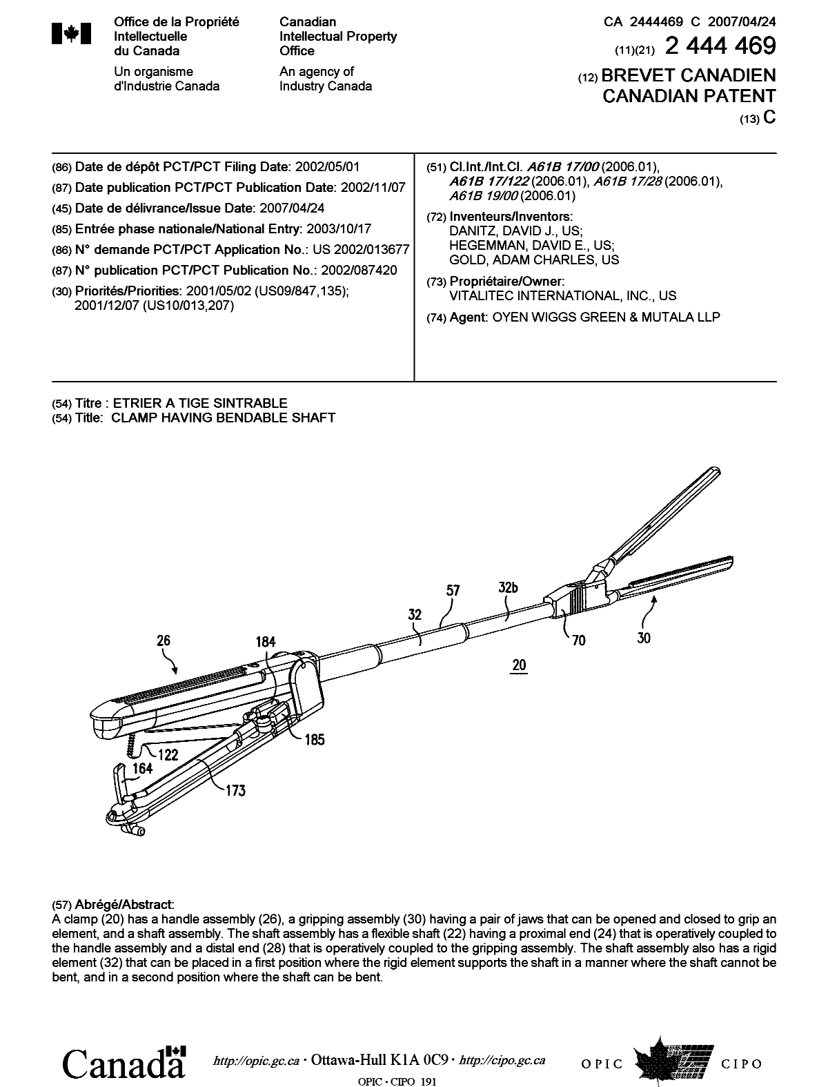 Document de brevet canadien 2444469. Page couverture 20061210. Image 1 de 1