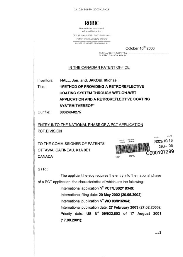 Document de brevet canadien 2444660. Cession 20031016. Image 1 de 14