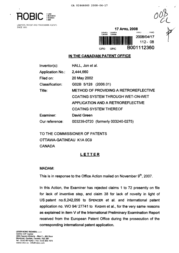 Document de brevet canadien 2444660. Poursuite-Amendment 20080417. Image 1 de 3