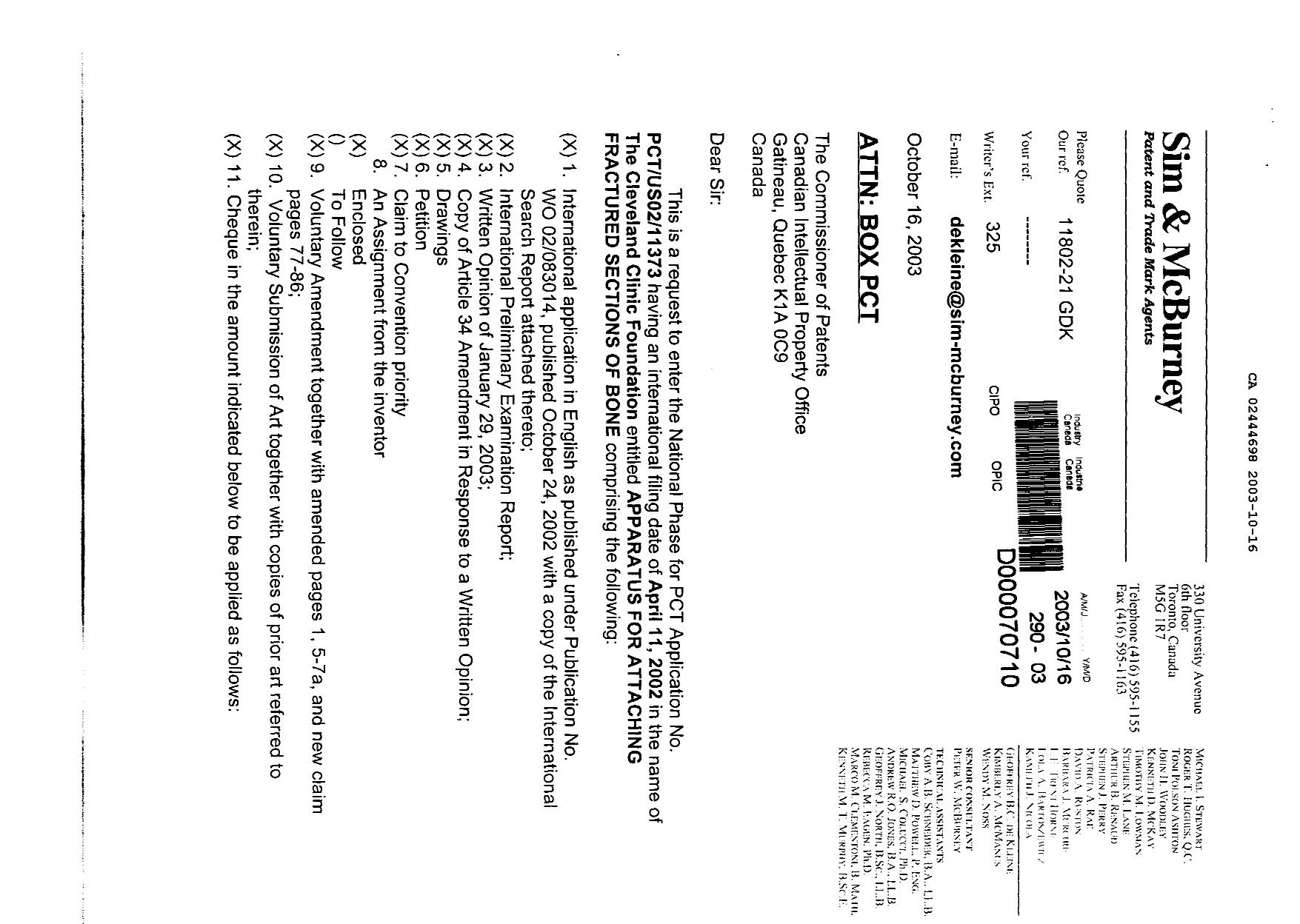 Document de brevet canadien 2444698. Cession 20021216. Image 1 de 6