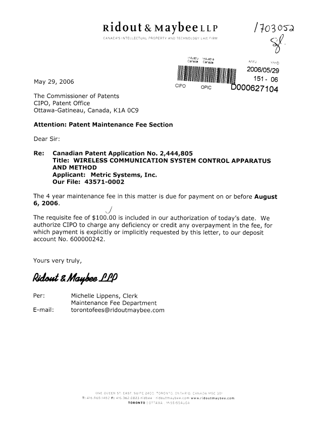 Document de brevet canadien 2444805. Taxes 20060529. Image 1 de 1