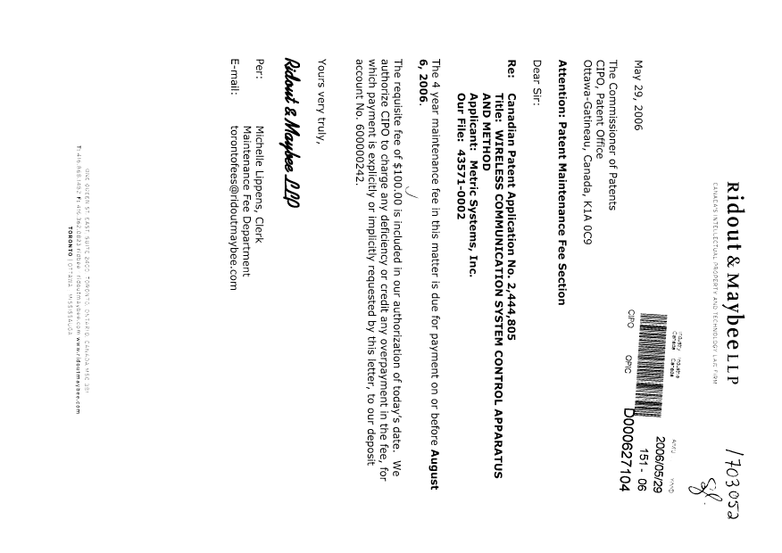 Document de brevet canadien 2444805. Taxes 20060529. Image 1 de 1