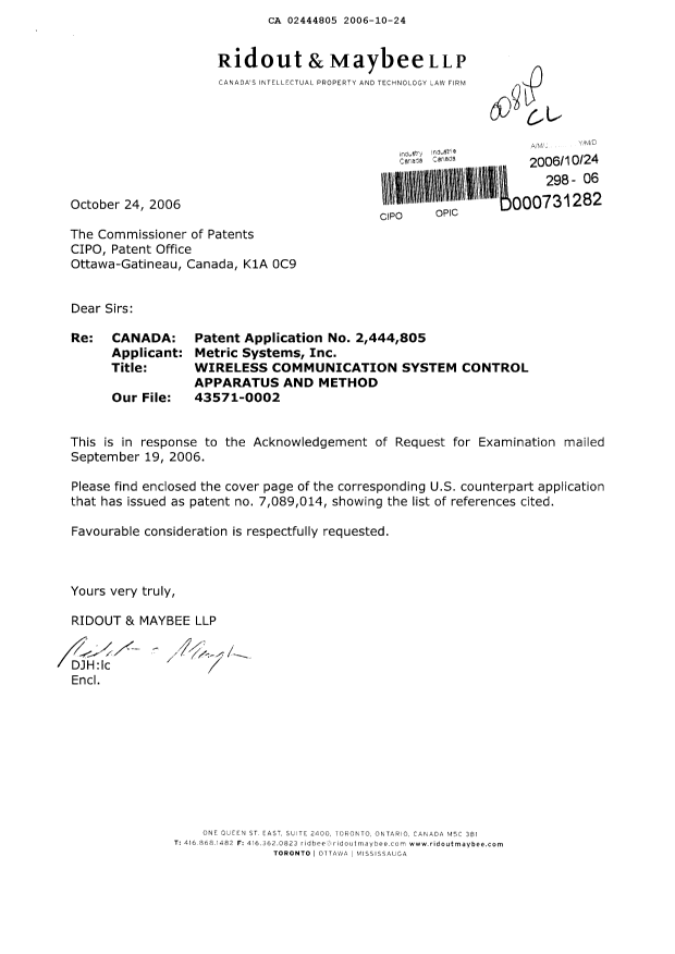 Document de brevet canadien 2444805. Poursuite-Amendment 20061024. Image 1 de 1