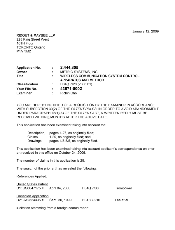 Canadian Patent Document 2444805. Prosecution-Amendment 20081212. Image 1 of 3