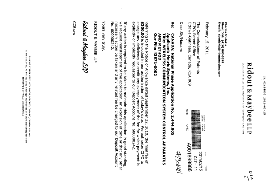 Document de brevet canadien 2444805. Correspondance 20110215. Image 1 de 1