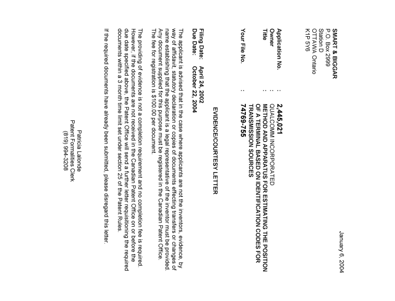 Canadian Patent Document 2445021. Correspondence 20031230. Image 1 of 1