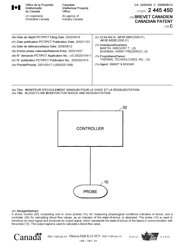 Document de brevet canadien 2445450. Page couverture 20080730. Image 1 de 1