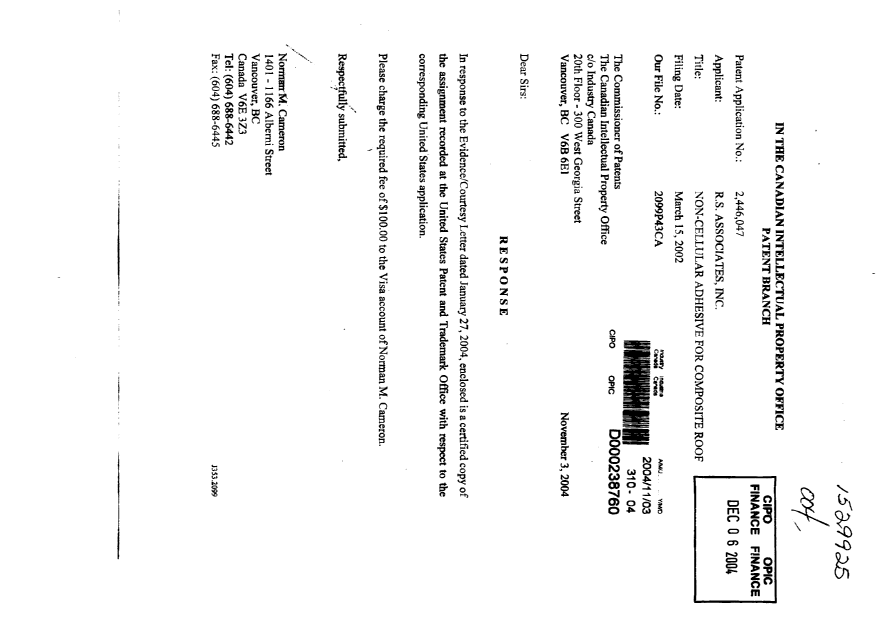 Document de brevet canadien 2446047. Cession 20031203. Image 1 de 6