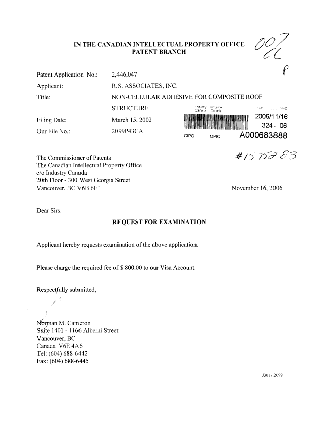 Canadian Patent Document 2446047. Prosecution-Amendment 20051216. Image 1 of 1