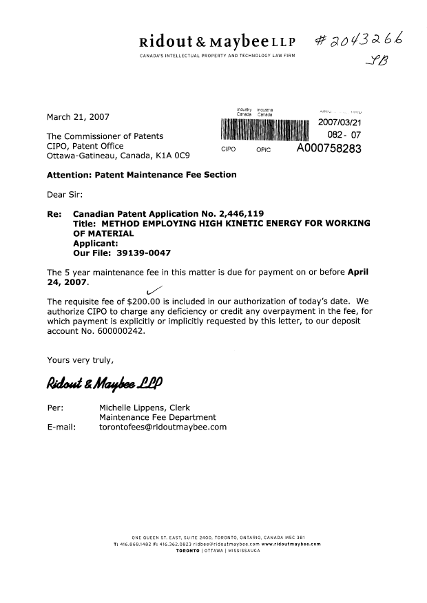 Document de brevet canadien 2446119. Taxes 20070321. Image 1 de 1